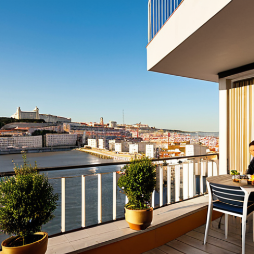 Home 4 Real Estate Opportunity**
"A modern apartment building exterior in Lisbon, Portugal, during golden hour. Focus on a balcony with potted plants and stylish outdoor furniture. In the background, a vibrant cityscape with the Tagus River. Fully clothed people enjoying the view. Professional real estate photography, safe for work, appropriate content, perfect anatomy, natural proportions, modest design, family-friendly."
**