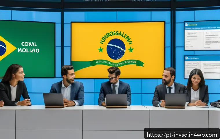 대체투자 옵션의 법적 고려사항 - A modern Brazilian financial regulator’s office scene, featuring a diverse group of professionals di...